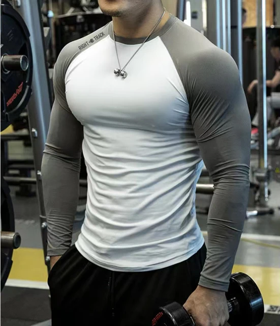 New Men's Long Sleeve GYM Clothes Dual Color Blocking Tights Shirt