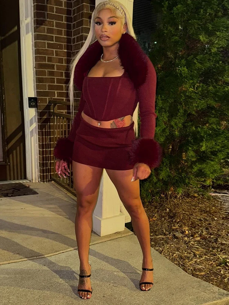 Nibber Sexy Hottie 3Piece Set Women Luxury Fur Patchwork Shawl+Tank Top+Peach Hip Skirt Matching Skinny Clubwear Fashion Outfits