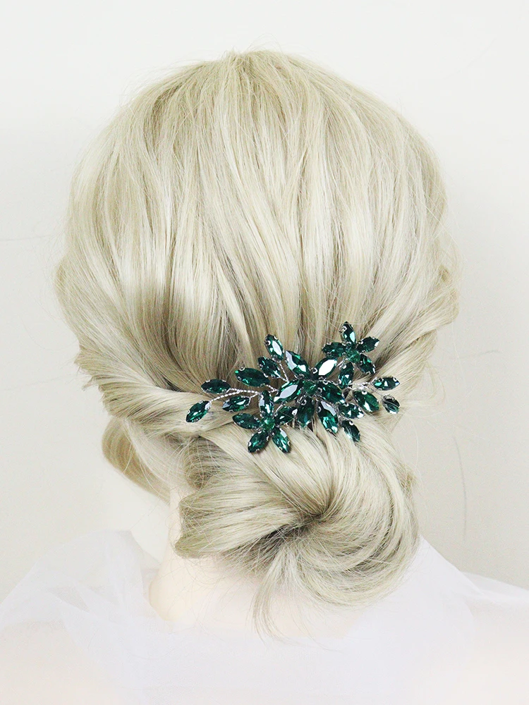 Green Rhinestone Hair Comb Bohemian Bridal Hair Accessories for Women Girls Handmade Wedding Head Jewelry Party Prom Clips