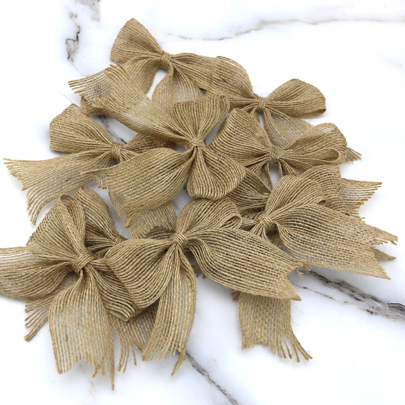 (10 Pcs/pack) 8*9cm Natural Linen Linen Bow Eye position bows Tie Gift Box Bag Clothing Decoration Handmade Wedding Decoration