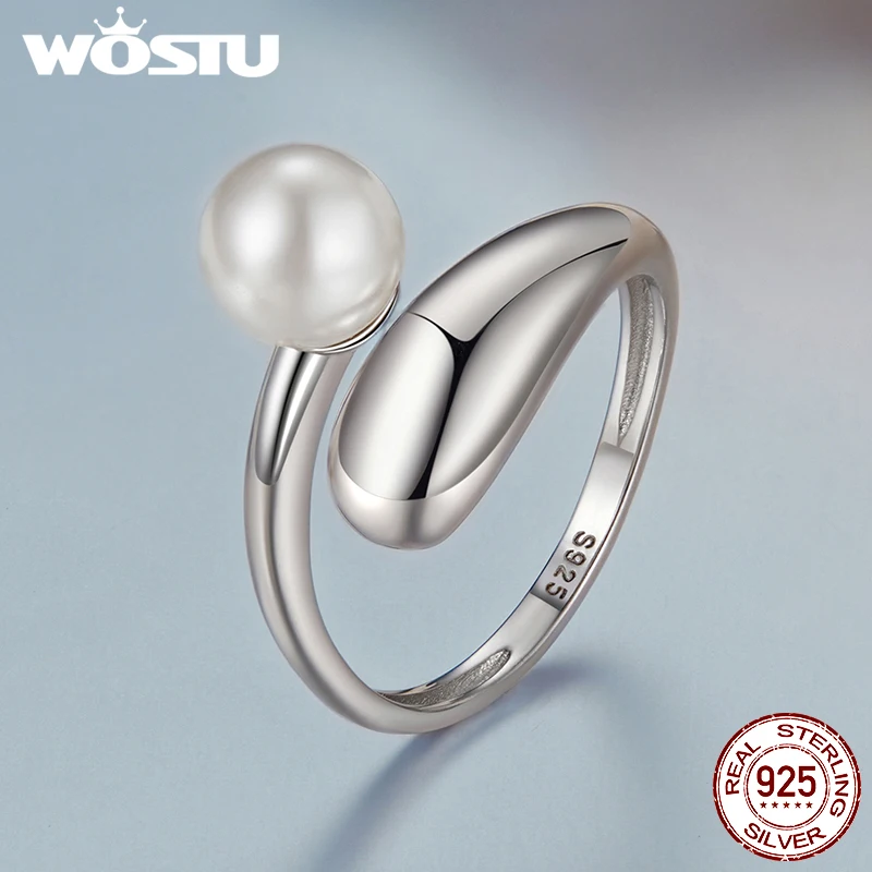 WOSTU 925 Sterling Silver Double Pearl pendant Necklaces Drop Earrings Pearl Opening Ring Bracelet Wedding Set Mother's Day Gift 5