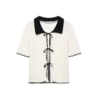 Classic Cardigan Black Beige Contrast Color Turn Down Collar Short Sleeves Bow Lace Up Women Slim Knit Sweater 1