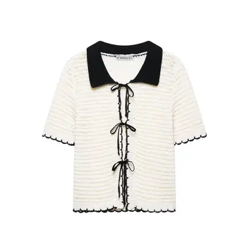 Classic Cardigan Black Beige Contrast Color Turn Down Collar Short Sleeves Bow Lace Up Women Slim Knit Sweater 1