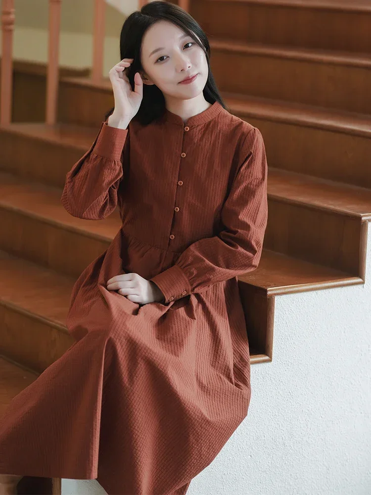 

CYNTHIA Woman Mandarin Collar Long-sleeve Dress for Spring Autumn Single-breasted Cotton Striped Vintage Dress 9Z