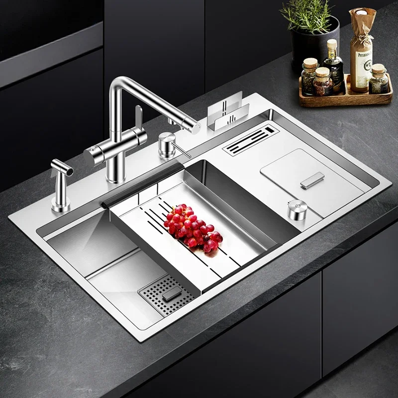 ASRAS  SUS 304 Stainless Steel Handmade Brushed 4 Holes Sink With Knife Holder And Trash Can Above Mount Kitchen Sinks