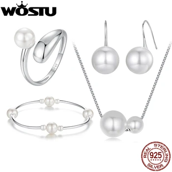 WOSTU 925 Sterling Silver Double Pearl pendant Necklaces Drop Earrings Pearl Opening Ring Bracelet Wedding Set Mother's Day Gift 1