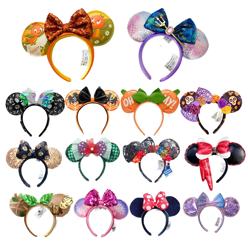 Disney Mickey Mouse Ear Headband Green Mermaid Hair Hoop Fish scale sequin mesh Ribbon Party Headwear Girl Toy Birthday Gift