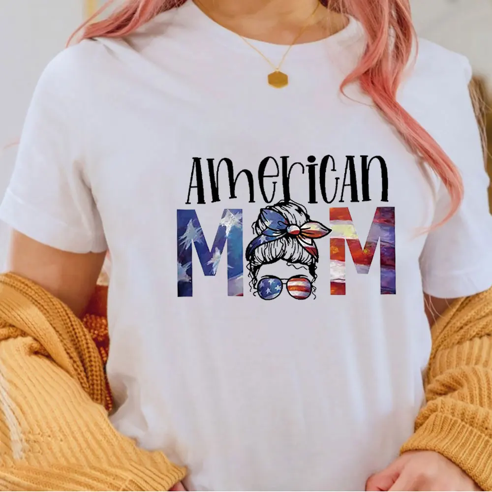 

American Mom New Arrival 4th of July Shirt 100%Cotton Women Tshirt July 4th Funny Summer Casual Short Sleeve Top Gift for Mom