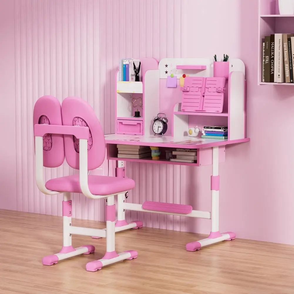 2Pcs/Set Kids Study Desk Chair Set Height Adjustable Children School Study Table Chair Set with Book Stand Foot Pedal