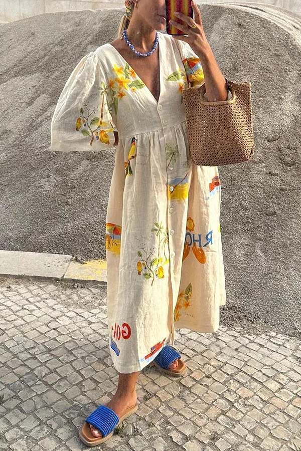 Fashion Print Dresses Women Trendy Puff Short Sleeves Single-breasted Casual Beach Vacation Loose Long Dress Summer New Vestidos 8 undefined