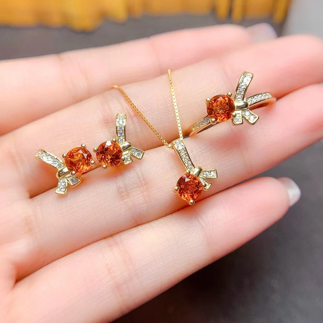 

MeiBaPJ 5mm Natural Citrine Bow Jewelry Set 925 Silver Necklace Ring Earrings 3-piece Suite Wedding Jewelry for Women