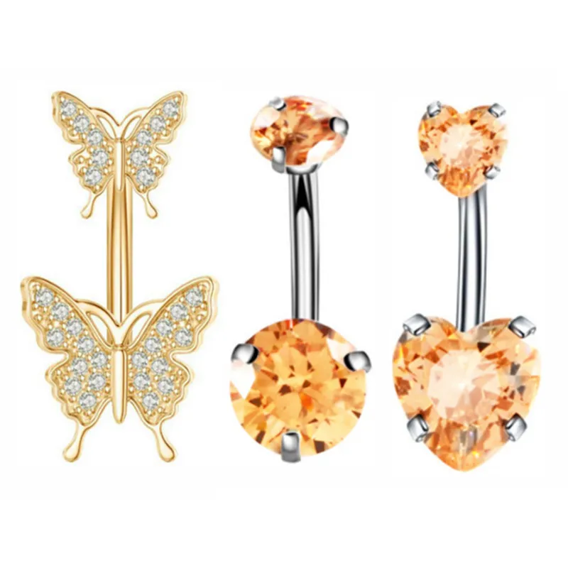 Pink Heart Crystal Belly Button Ring Set with Flower Design - Navel Piercing Jewelry Collection