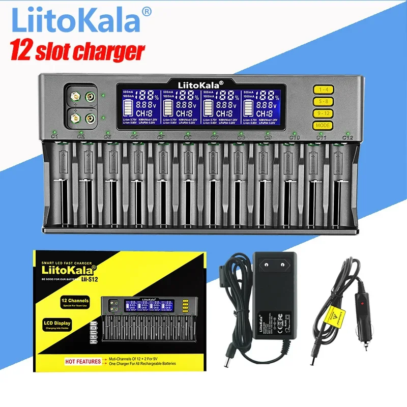 

LiitoKala Lii-S12 12-Slot LCD Battery Charger For Li-ion LiFePO4 Ni-MH Ni-Cd 9V 21700 20700 26650 18650 16340 18350 RCR123 18700