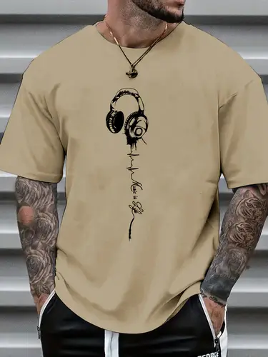 Men's summer earphones with letter print, breathable and comfortable round neck T-shirt, outdoor sports and leisure top - Image 3