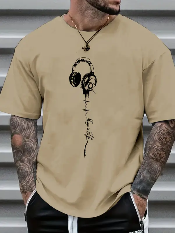 Men's summer earphones with letter print, breathable and comfortable round neck T-shirt, outdoor sports and leisure top - Image 3