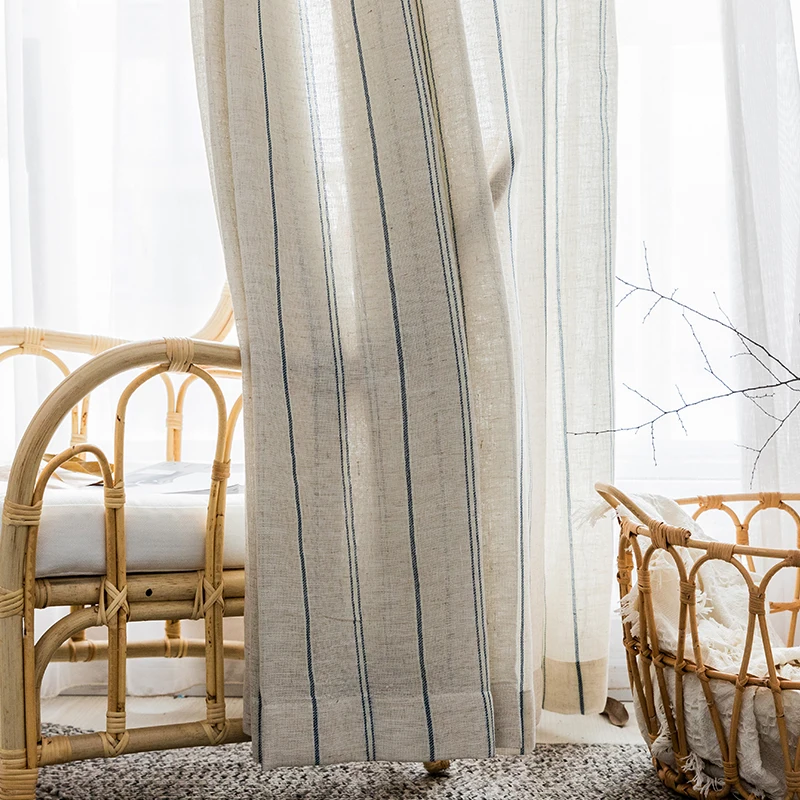 

French style linen cotton curtain blue striped curtain for bedroom living room balcony book children's room custom curtain yarn