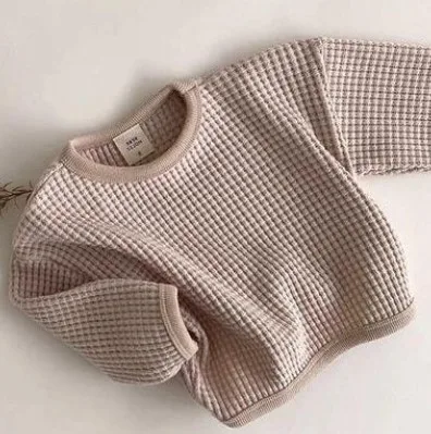 Autumn New Baby Long Sleeve Sweatshirt Boys Girls Solid Loose Pullover Infant Toddler Waffle Casual Tops Children Clothes