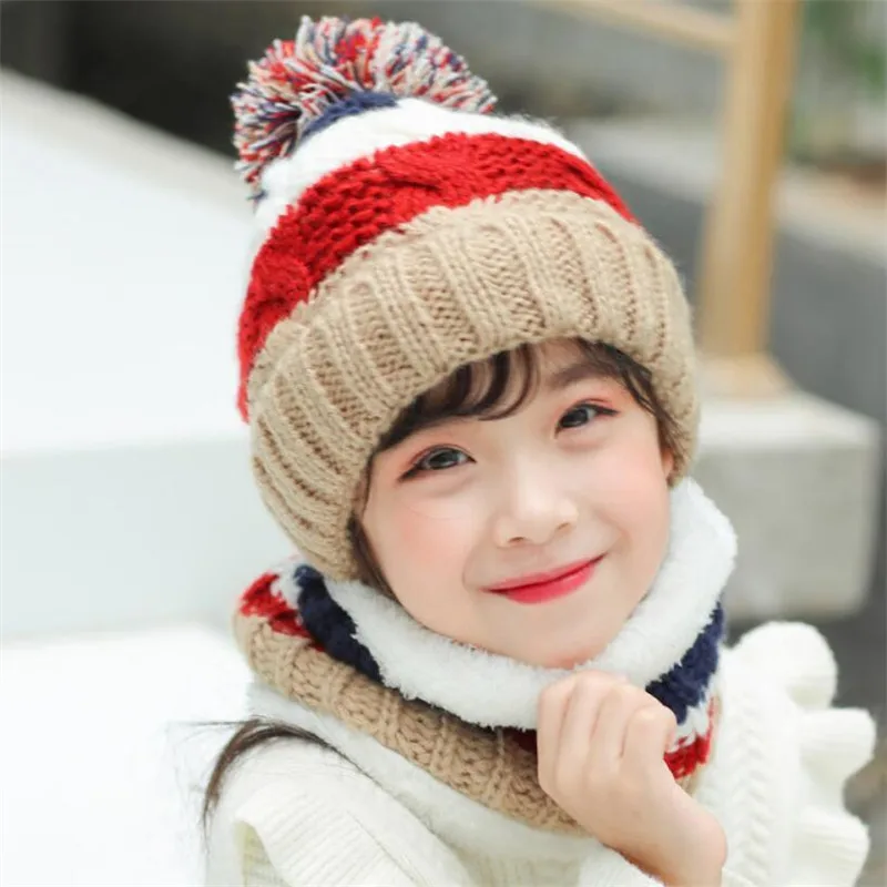 Big Kids Winter Knit Soft Hat and Scarf Set Child Plush Warm Winter Cap Scarves Girls Patchwork Circular Scarf Hat Frozen