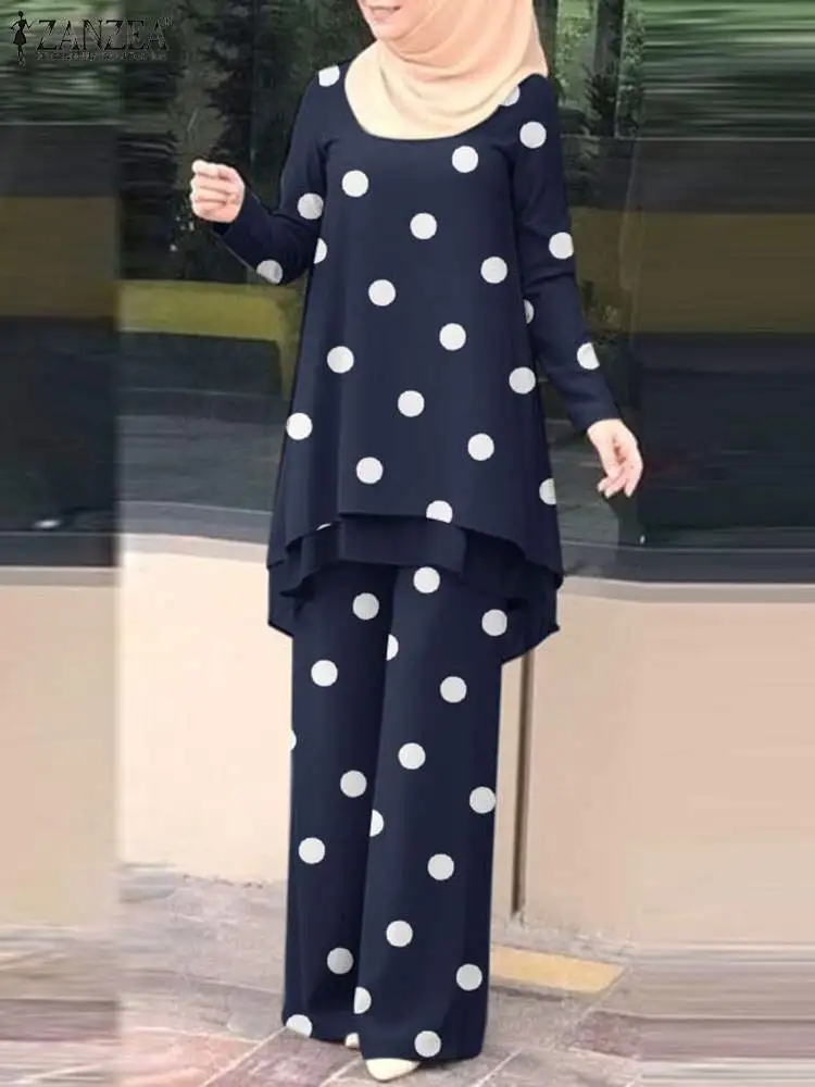 

Vintage Muslim Sets 2PCS ZANZEA Women Long Sleeve Tops+Wide Leg Pants Causal Loose Abaya Set Lady Elegant Turkish Hijab Outfits