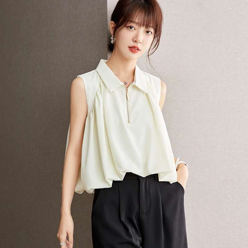 

Blouse Women Summer 2024 New Fashion Cute Sleeveless Loose Solid Chiffon Knitted Rice Apricot Blusas Womens Tops And Blouses