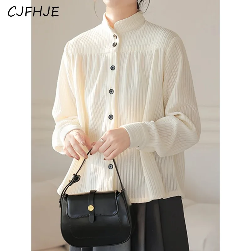 

CJFHJE Velvet Textured Stand Collar Long Sleeve Shirts Women New French Style Button Tops Solid Color Apricot Blouse Elegant