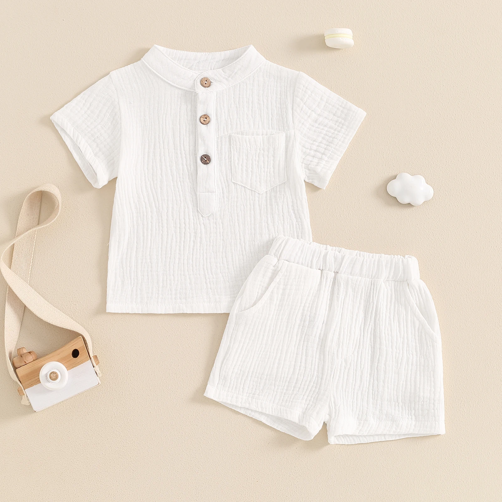 FOCUSNORM 0-4Y Little Boys Summer Gentleman Clothes Sets Solid Short Sleeve Tops Elastic Waist Shorts