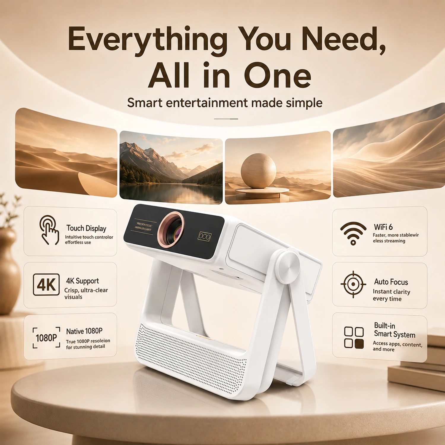 3-in-1 안드로이드 12 프로젝터 7인치 1080P 4K 자동 초점 180도 ° 회전식 천장 시네마 HDMI USB BT5.0 WiFi