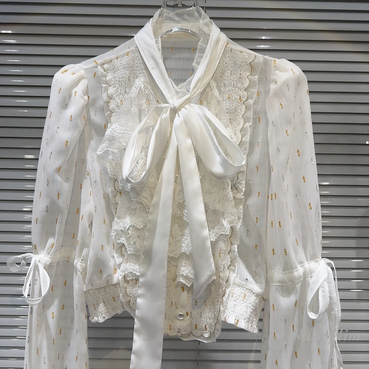 2024 Spring Summer White Chiffon Blouse Woman New Classic Style Ribbon Tie Lace Dotted Shirt Long Sleeve Shirts Cropped Blusas