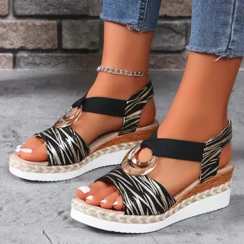 Women's Wedges Sandals 2025 Summer Snake Print Platform Sandals Gladiator Shoes Woman Comfort Casual Med High Heels Sandals 1