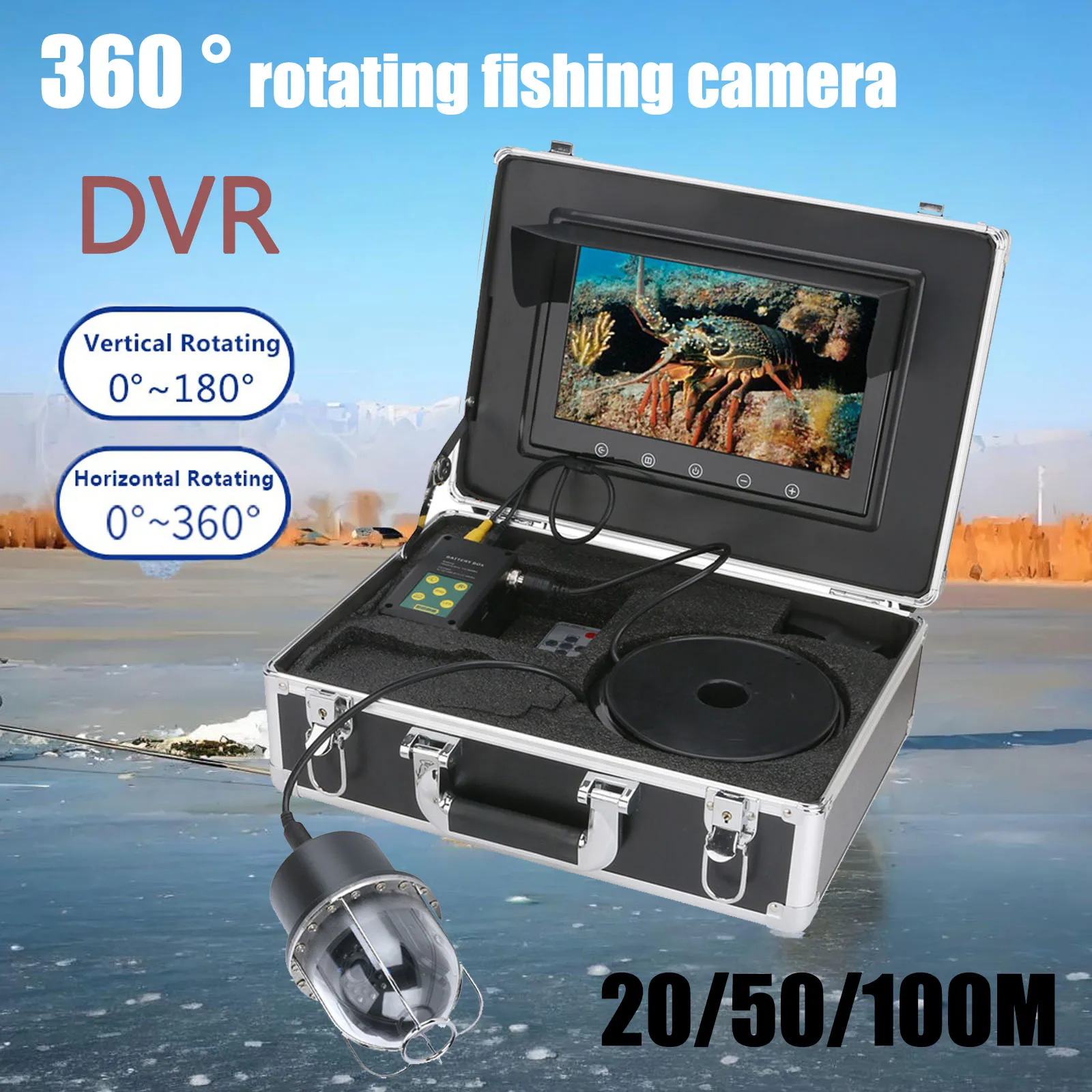 Caméra sous-marine pêche 9 pouces DVR IP68 20 LEDs rotative 360° détecteur poissons 20m/50m/100m