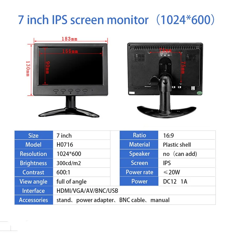 Zhixianda Cheap Small 7 Inch 1024x600 Desktop CCTV Home Security Computer Resistive Touch Screen Lcd Monitor With BNC VGA HDMI