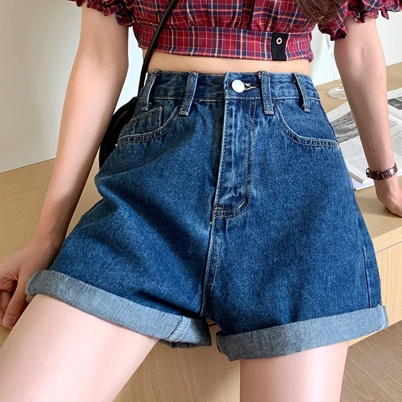 High Waist Rolled Denim Shorts Y2K Streetwear Casual Loose Casual Korean Chic Summer Beach Jeans Shorts Female White Black Blue