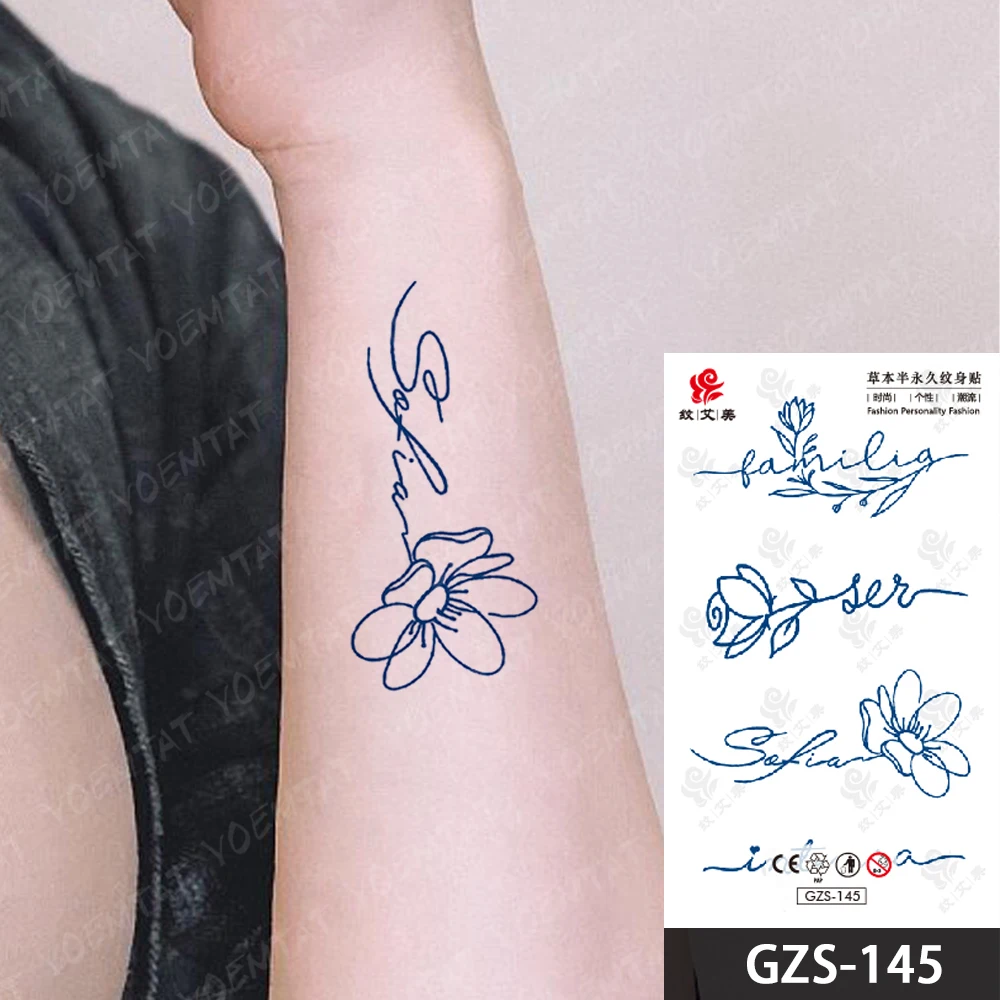 Semi-Permanent Simple Flower Line Waterproof Temporary Tattoo Stickers Ink Lasting Tattoos Herbal Body Art Fake Tatto Women Men