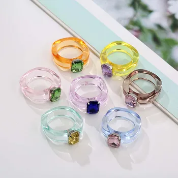 2023 Trend Colorful Women's Resin Mood Ring Vintage Simple Acrylic Rings With Rhinestone Geometric Hip Hop Plastic Rings Jewelry 1