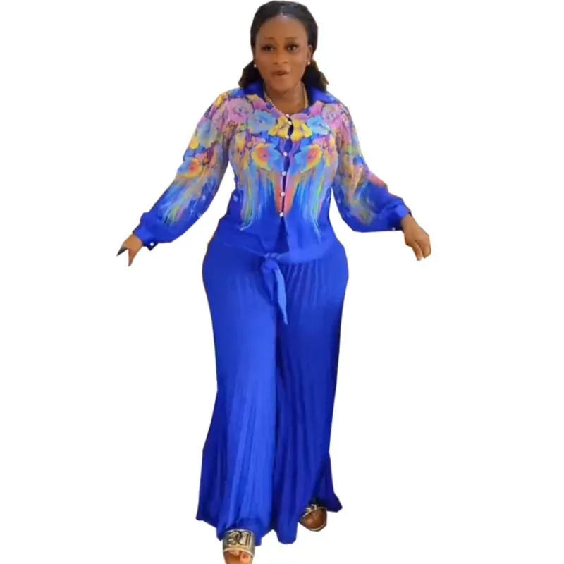 

African Sets 3 Piece Women Sets Autumn Chiffon Printed Long Sleeve Shirt Suspenders Pleated Trousers Elegant Party Autumn Winter