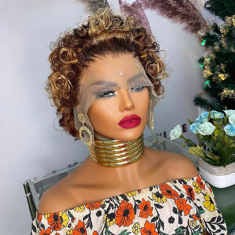Highlight Short Pixie Cut Wig Transparent Lace Frontal Wig Short Curly Human Hair Wigs For Black Women Deep Wave Lace Front