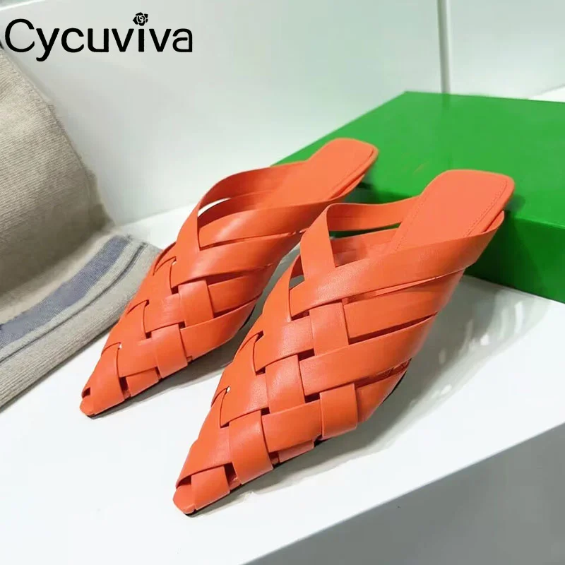 

Designer Braid Leather Slides Point Toe Flat Slippers Women Summer Holiday Beach Shoes For Woman 2023 Brand Sandalias Mujer