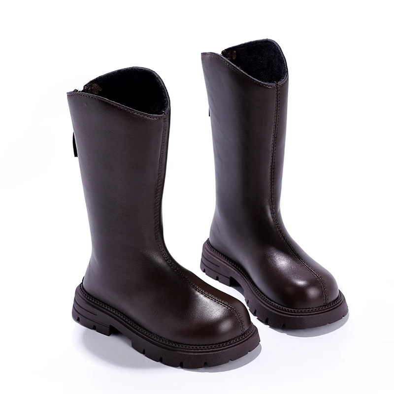 Winter Children's Long Boots Fashion Classic Black Brown Girls Platform Mid-calf Boots Simple Plush Kids Outdoor Cotton Boots