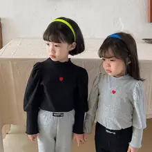 

2022 Spring New Girls Puff Sleeve Tops Fashion Heart Print Girls Bottoming Shirt Cotton Girl Blouse Children Long Sleeve T Shirt