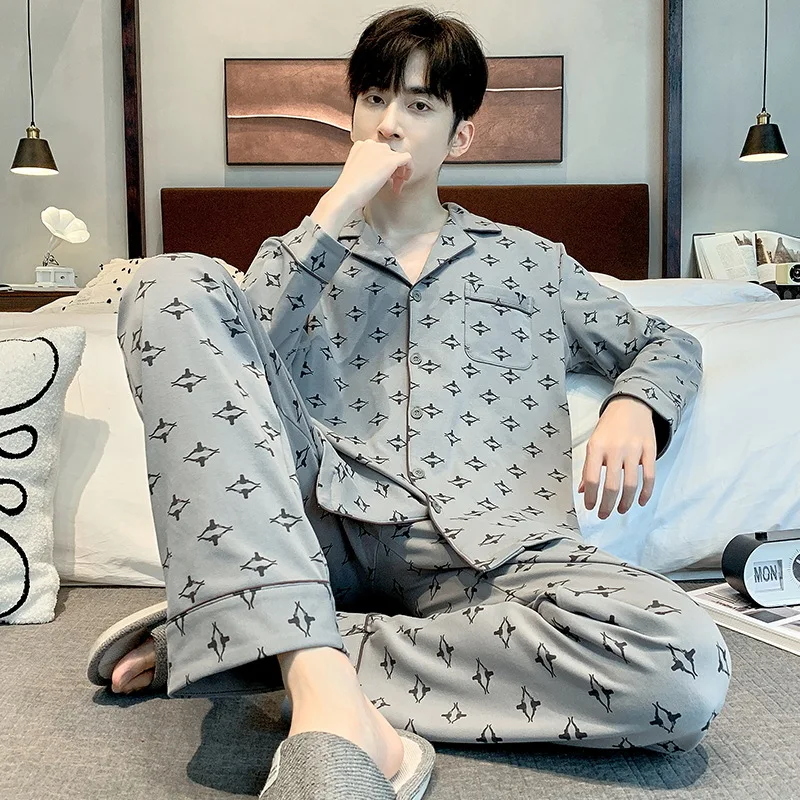 Spring Autumn Men's Pure Cotton Pajamas Long Sleeve Cardigan Pants Two Piece Set Loose Comfortable Casual Home Clothing