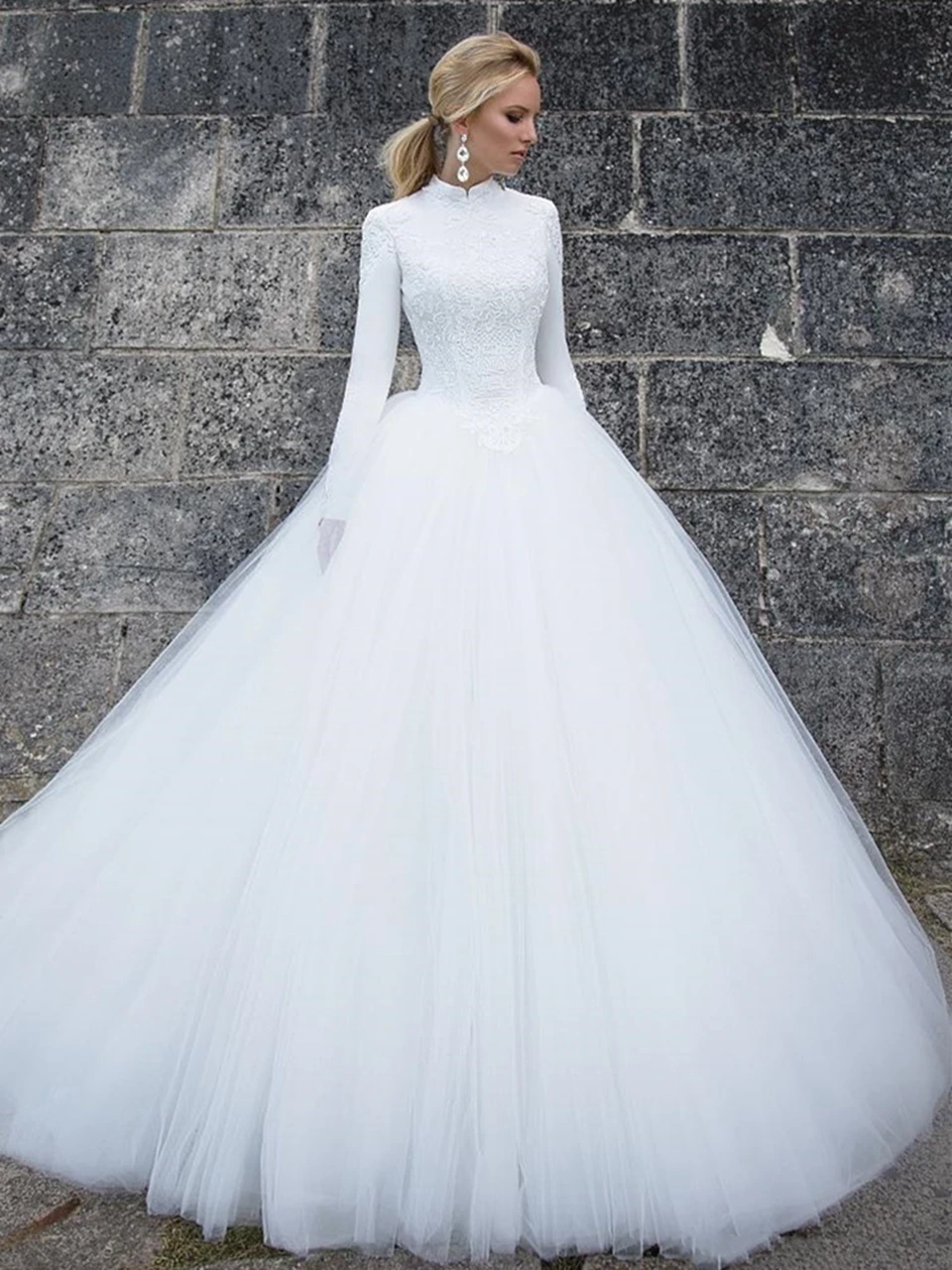 

Muslim Illusion White/Ivory Wedding Dresses 2023 New A-Line Long Sleeves Bride Dress Appliques Lace Tulle Elegant Wedding Gowns