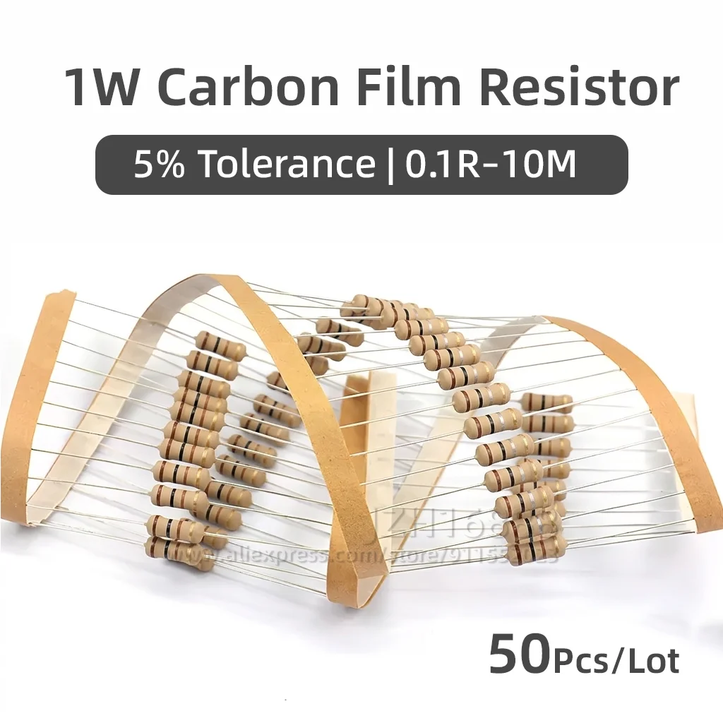 50PCS 1W Carbon Film Resistors 5% 1R-10M 1K 10K 4K7 20K 100K 200K 560K 1M 3M3 Ohm Color Ring Resistance 10R 47R 100R 220R 500R