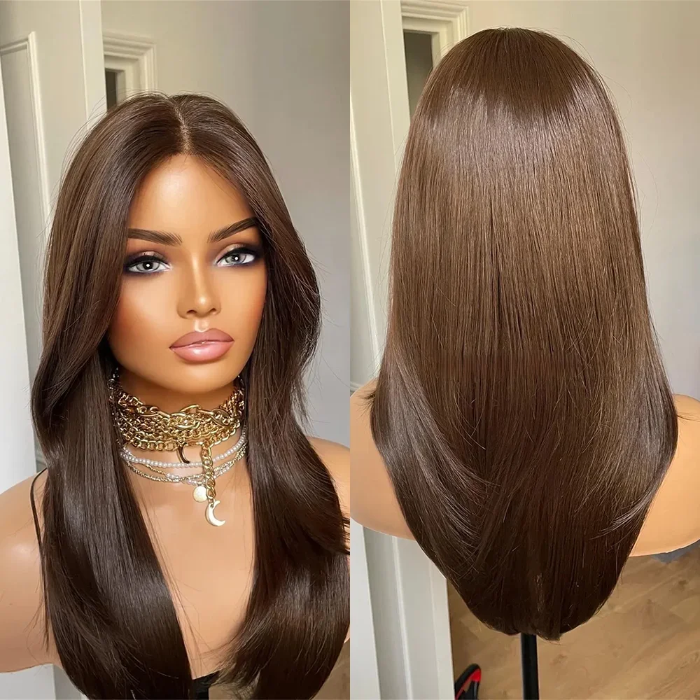 글루리스 프리 스트레이트 브라운 롱 26인치 5x5 실크 베이스 유대인 인모 가발 베이비 헤어 HD 레이스 유럽산 헤어 프리플럭드