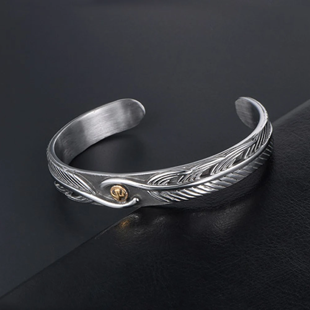 Fashion Retro Personality Eagle Bracelets Punk Trend 316L Stainless Steel Feather Open Bracelet for Men Women Jewelry Wholesale 3