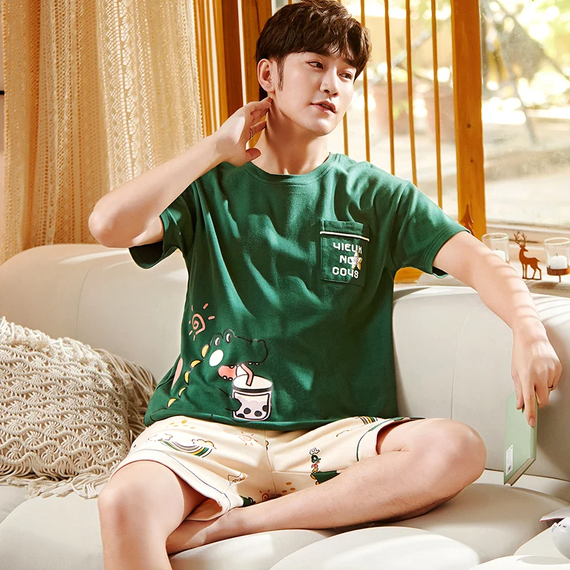 Korean Cotton Men's Loungewear 2 Pieces Set Pajamas Set Short Sleeves Sleeping Tops Pants Sleepwear Summer Casual Homewear