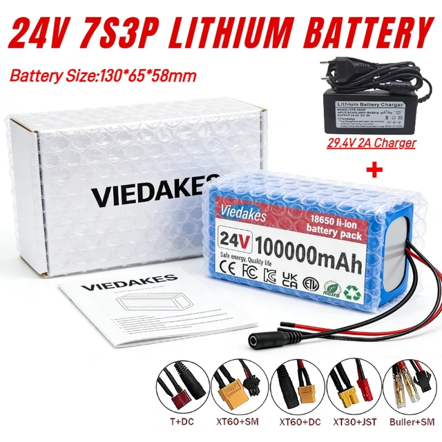 Viedakes 24V 100Ah 7S3P 18650 Li-ion batterie avec chargeur 29.4V pour fauteuil roulant, scooter Lithium Ion batterie 2A chargeur 1