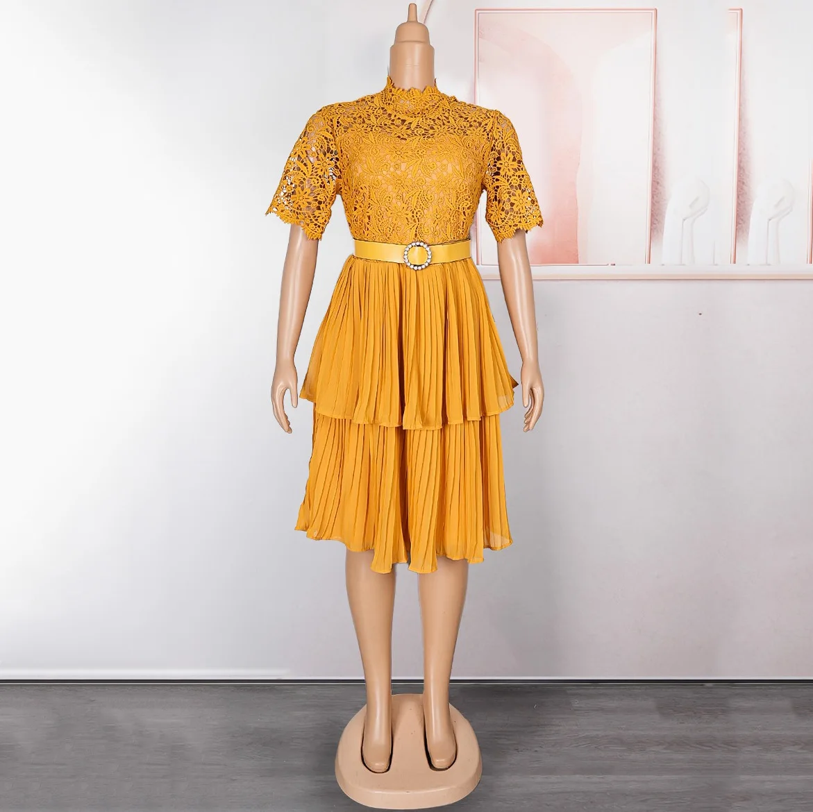 Elegant African Office Dresses Pleated for Woman 2024 O Neck