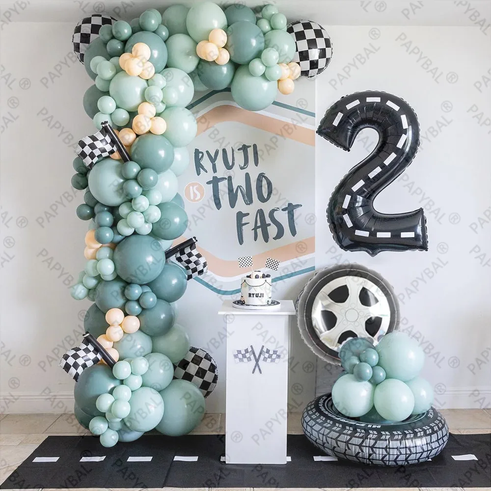 

132PCS Run Fast Racing Car Teal Blue 40inch Black Line Number Birthday Party Doubled Latex Balloons Arch Garland Kit Boys Gifts