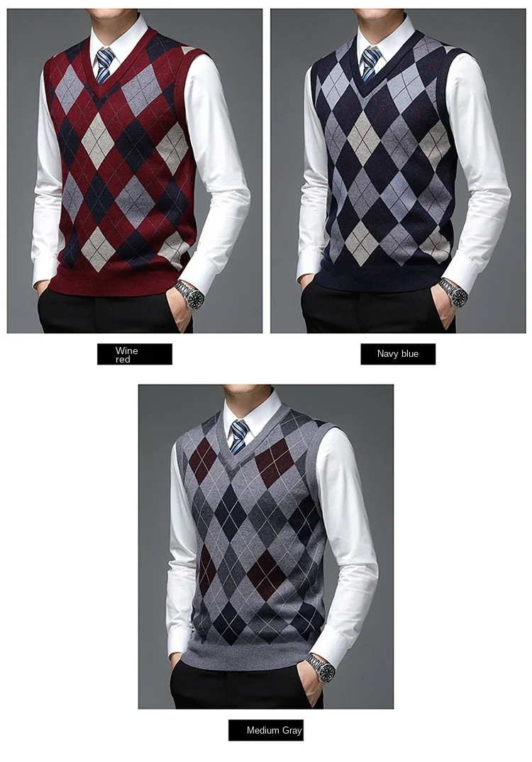 New Autum Fashion Designer Brand Argyle Pullover Diamond Sweater V Neck Knit Vest Men 6% Wool Sleeveless Casual Men Clothing