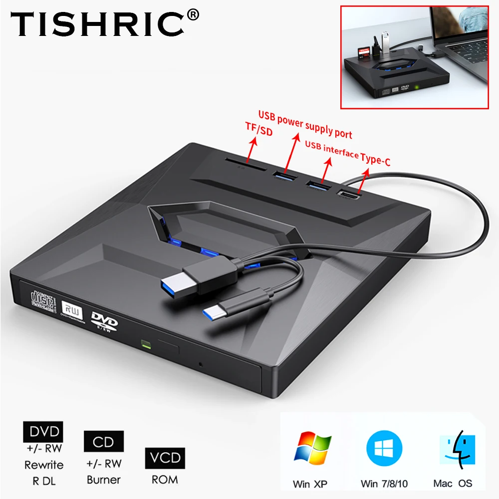 Tishric Usb 3.0 Tipo C Slim Esterno Dvd Rw Cd Writer Drive Burner Reader Player Per Laptop Pc Dvd Burner Dvd Portatil